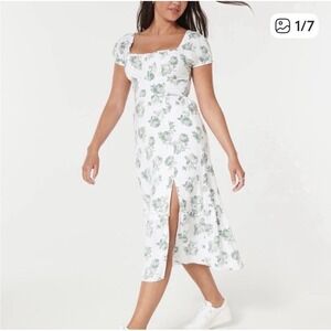 Hollister Floral Midi Dress White Green Sweetheart Puff Sleeve Smocked Back